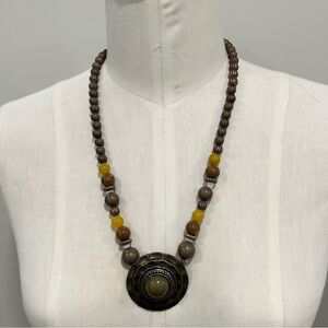 VINTAGE Beaded Statement Necklace with Large Pendant Green Brown Yellow New